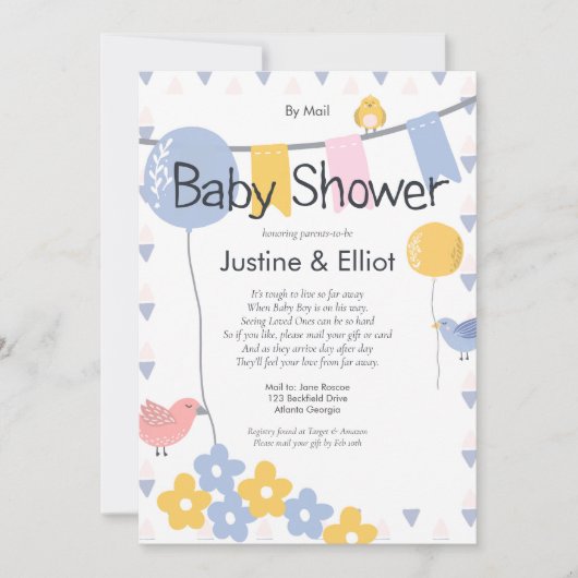 Invitation Par courrier Ballons et oiseaux Baby shower garçon (Devant)