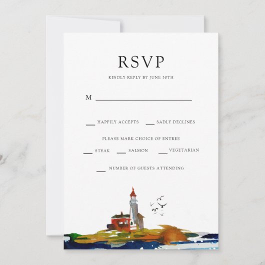 Invitation Par la mer RSVP avec options de plat principal (Devant)