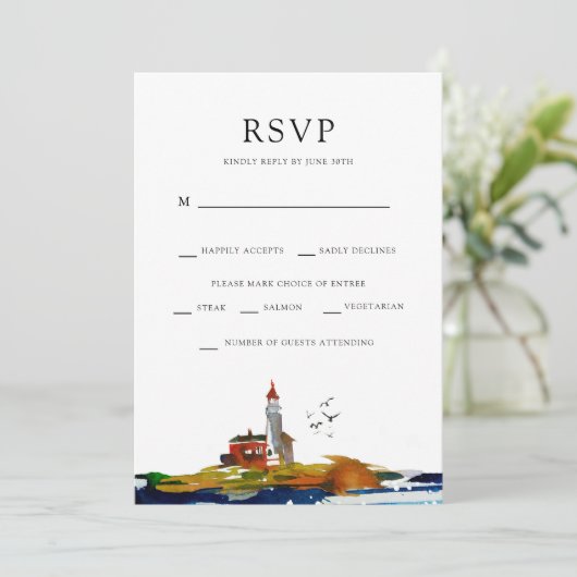 Invitation Par la mer RSVP avec options de plat principal (Debout devant)