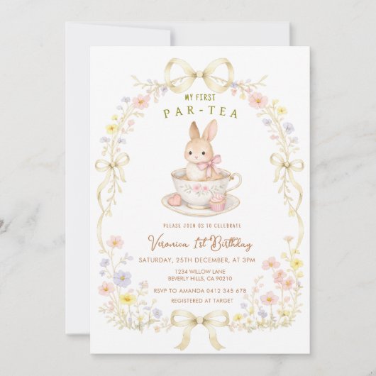 Invitation Par-Tea Bunny 1st Birthday wildflower  (Devant)