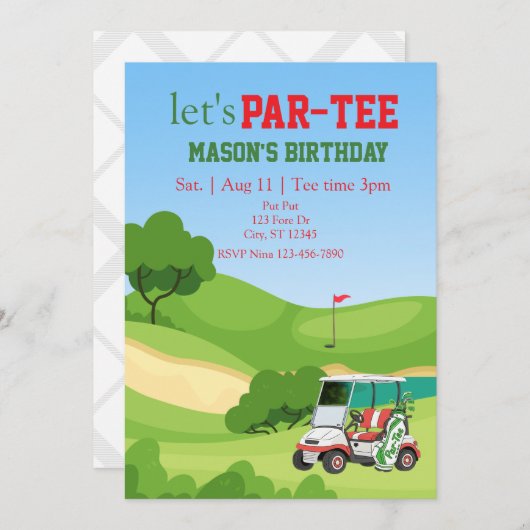 Invitation PAR-TEE, golf birthday (Devant / Derrière)