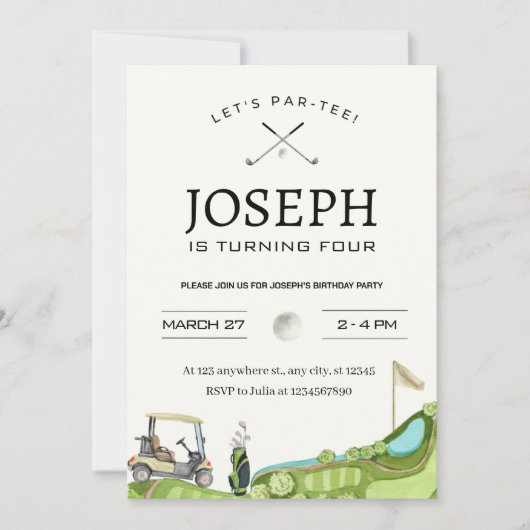 Invitation Par-Tee ! Golf Thème 4ème anniversaire (Devant)