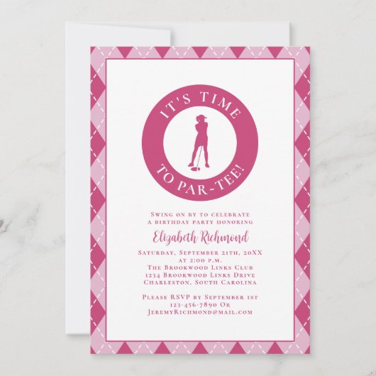 Invitation Par Tee Golfer Funny Humour Anniversaire Fête Rose (Devant)