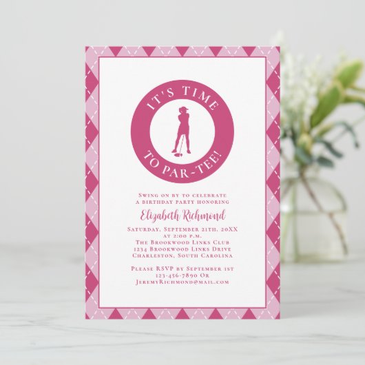 Invitation Par Tee Golfer Funny Humour Anniversaire Fête Rose (Debout devant)