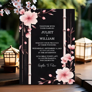 Invitation Par Wood Bamboo rose Sakura Cherry Blossom Mariage