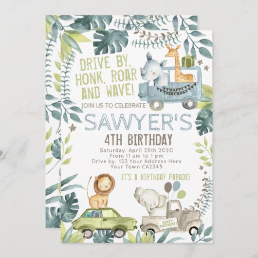 Invitation Parade d'anniversaire de la jungle (Devant / Derrière)