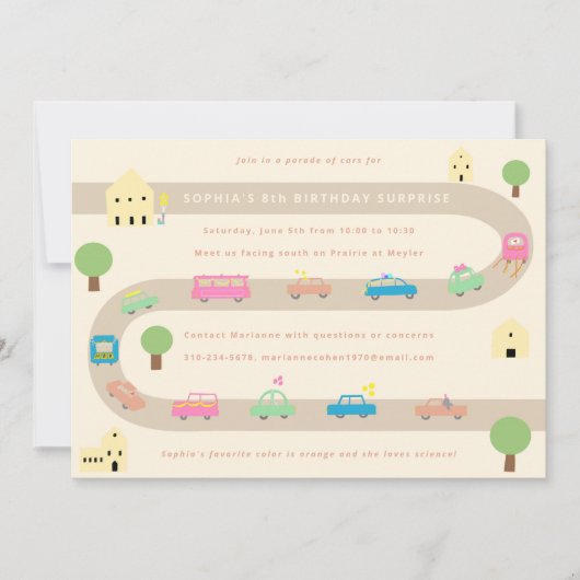 Invitation Parade d'anniversaire de voiture illustrée douce (Devant)