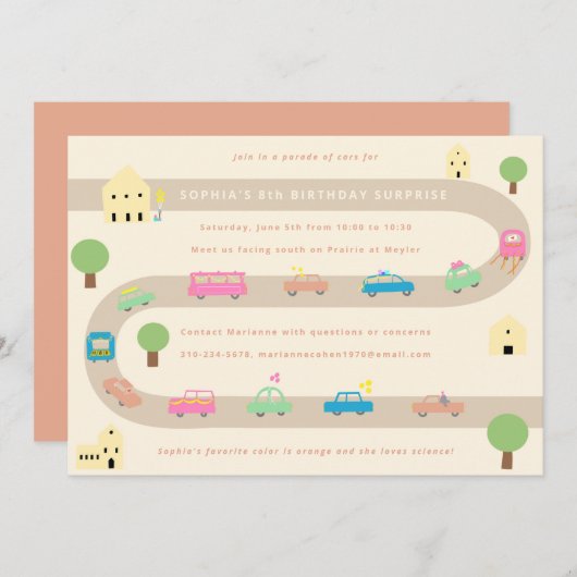 Invitation Parade d'anniversaire de voiture illustrée douce (Devant / Derrière)