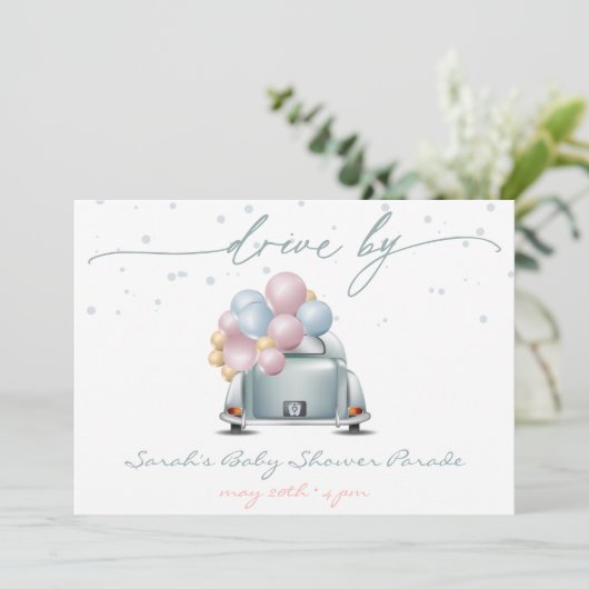 Invitation Parade de Baby shower bleu surprise (Debout devant)