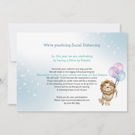 Invitation Parade de Lions Drive Par Anniversaire NO Masques (Dos)