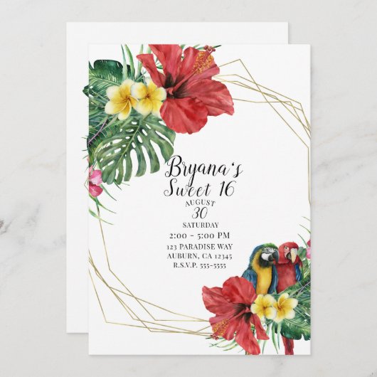 Invitation Paradis tropical Oiseaux Floral Botanical Sweet 16 (Devant / Derrière)