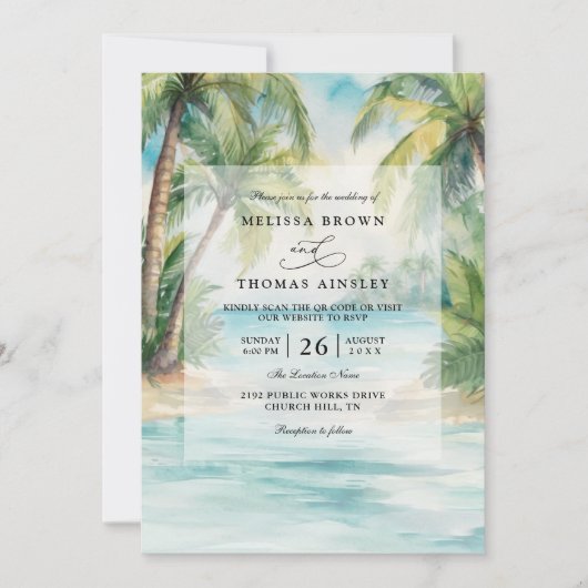 Invitation Paradise Palms Tropical Beach QR Code Wedding (Devant)