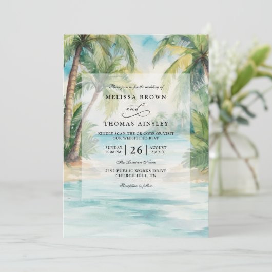 Invitation Paradise Palms Tropical Beach QR Code Wedding (Debout devant)