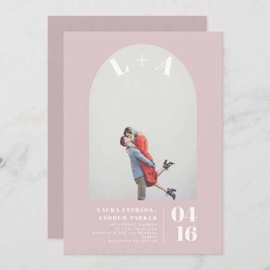 Invitation Paraphe rose roux moderne arc mariage photo (Devant / Derrière)