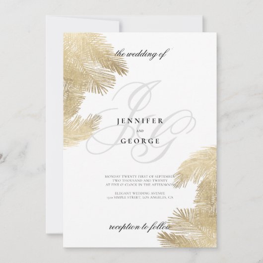 Invitation Paraphes en or blanc monogramme mariage tropical (Devant)