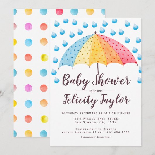 Invitation Parapluie arc-en-ciel baby shower (Devant / Derrière)