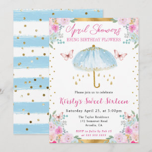 Invitation Parapluie bleu or printemps aquarelle Sweet Sixtee