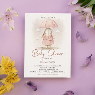 Invitation Parapluie de lapin rose aquarelle Fille Baby Showe