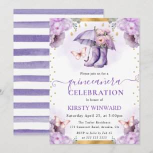 Invitation Parapluie de Quinceanera violet et or de printemps