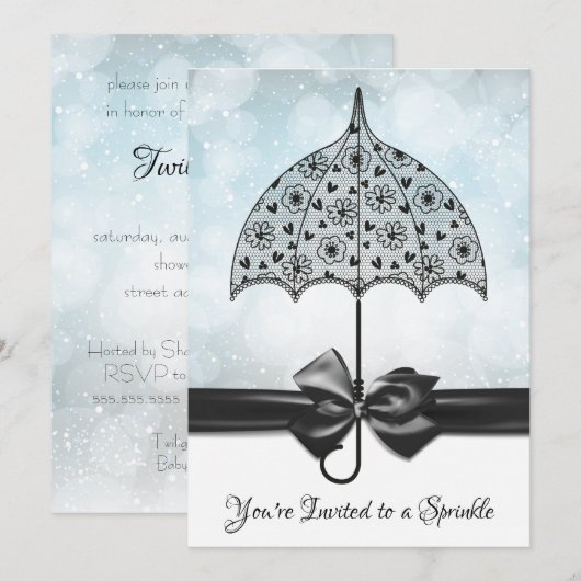 Invitation Parapluie en dentelle noire Baby shower bleu (Devant / Derrière)