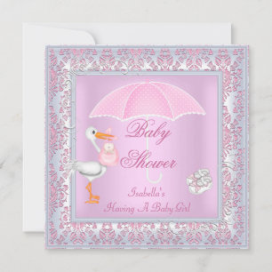 Invitation Parapluie Fille Rose Damas Baby Shower