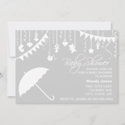 Invitation Parapluie gris et blanc baby shower moderne élégan (Devant)