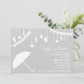Invitation Parapluie gris et blanc baby shower moderne élégan (Debout devant)