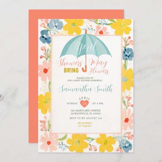 Invitation Parapluie Menthe Avril Pluies Fleur Bébé Shower (Devant / Derrière)