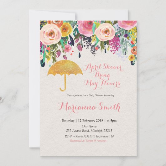 Invitation Parapluie Or Douche d'avril Apporter mai Fleurs (Devant)