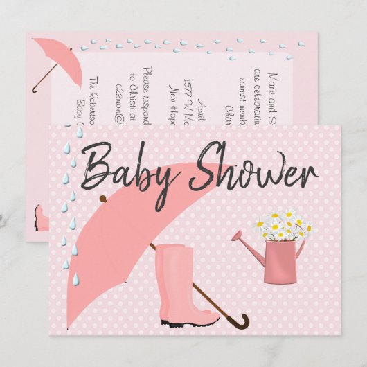 Invitation Parapluie rose baby shower et bottes de pluie (Devant / Derrière)
