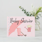Invitation Parapluie rose baby shower et bottes de pluie (Debout devant)