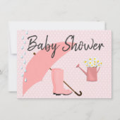 Invitation Parapluie rose baby shower et bottes de pluie (Devant)
