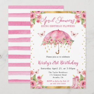 Invitation Parapluie Rose Doré Aquarelle 21e Anniversaire