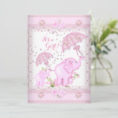 Invitation Parapluie rose Eléphant Calf Baby shower fille (Debout devant)