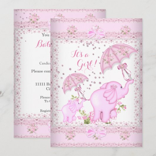 Invitation Parapluie rose Eléphant Calf Baby shower fille (Devant / Derrière)