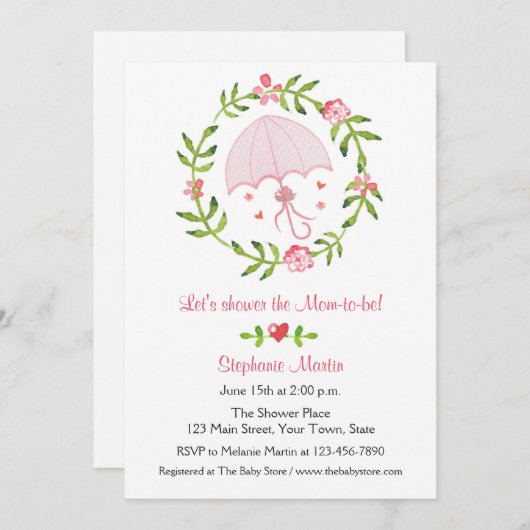 Invitation Parapluie rose et fleurs Wreath Show (Devant / Derrière)