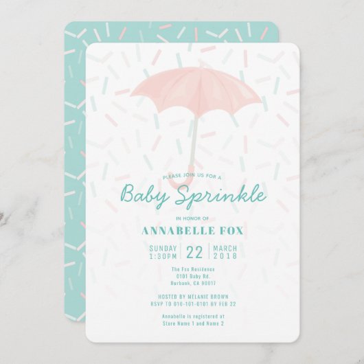 Invitation Parapluie rose Mint Baby Sprinkle Douche Invitatio (Devant / Derrière)