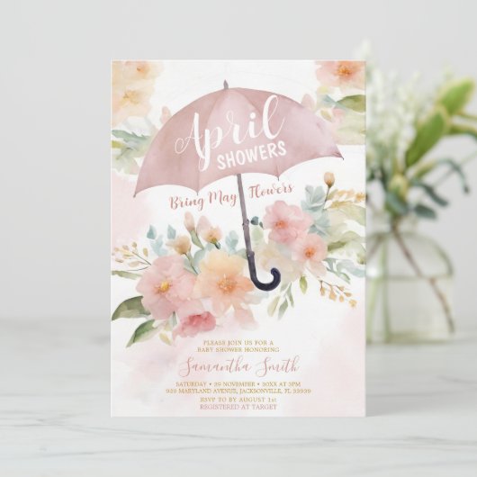 Invitation Parapluie rose pâle Avril Showers Bring May Flower (Debout devant)