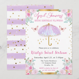 Invitation Parapluie Rose Seize Printemps Violet et Or