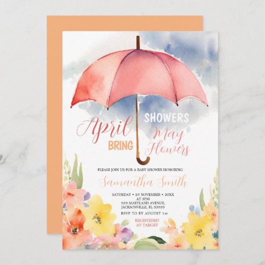 Invitation Parapluie rouge Douches d'avril Apportent mai Fleu (Devant / Derrière)