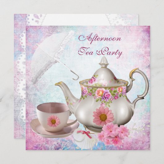 Invitation Parapluie Tea Party Pink Floral Teapot (Devant / Derrière)