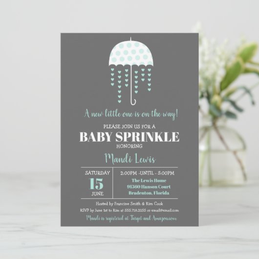 Invitation Parapluie Turquoise Parfum mignon ou Baby shower (Debout devant)