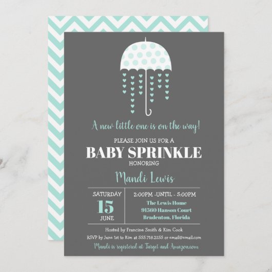 Invitation Parapluie Turquoise Parfum mignon ou Baby shower (Devant / Derrière)