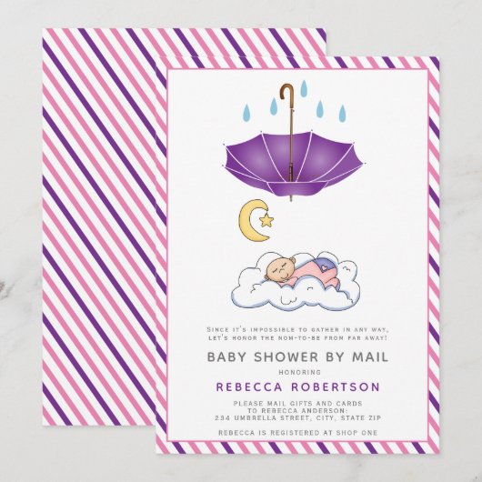 Invitation Parapluie violet, bébé endormi douche par mail (Devant / Derrière)