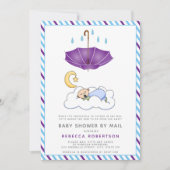 Invitation Parapluie violet, douche de bébé garçon endormi pa (Devant)