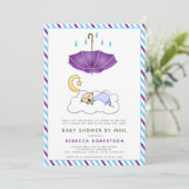 Invitation Parapluie violet, douche de bébé garçon endormi pa (Debout devant)