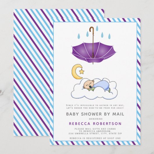 Invitation Parapluie violet, douche de bébé garçon endormi pa (Devant / Derrière)
