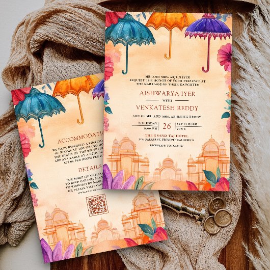 Invitation Parapluies colorées traditionnelles Mariage indien