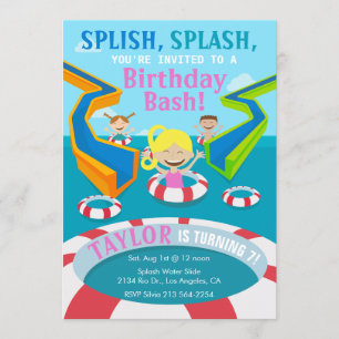 Invitation Parc aquatique Fille nage Anniversaire Fête Invita