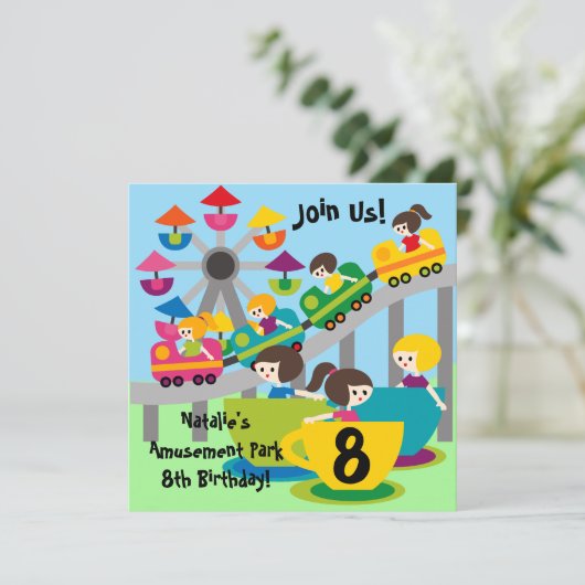 Invitation Parc d'attractions pour filles customisées Invitat (Debout devant)